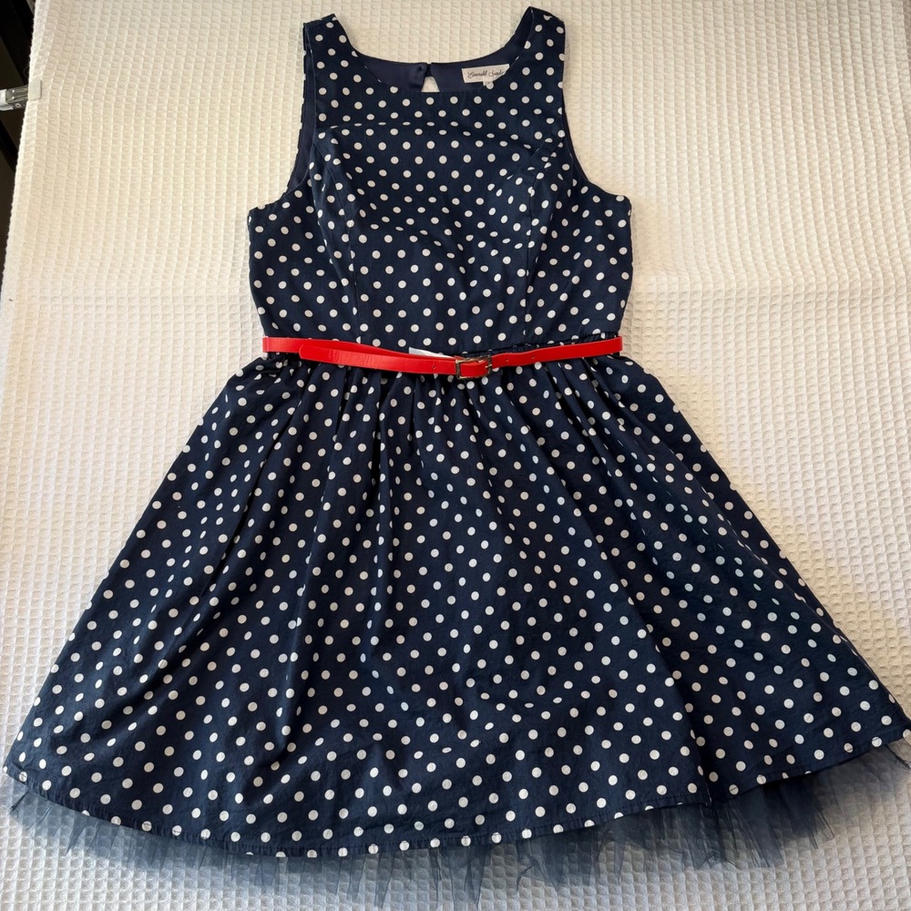 Emerald Sundae Navy Blue Polka Dot Belted Tulle Hem Fit & Flare Dress Size 7